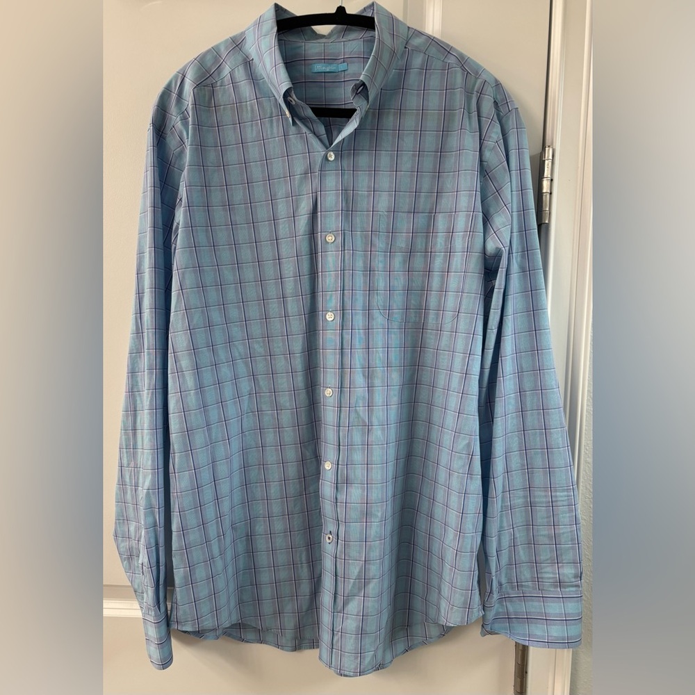 J McLaughlin Men Shirt Blue Plaid Cotton Stretch Button Down Pocket Size Large